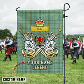 Personalized Custom Name Clan Kelly Dress Tartan Garden Flag with Clan Crest and the Golden Sword of Courageous Legacy AS65 - Kelly Dress Tartan Design, Scottish Heritage Gift