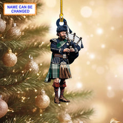 Kelso Modern Tartan Bagpipe Ornament with Custom Name