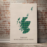 Kennedy Ancient Tartan Scotland Map Canvas – “Tartan Runs Through My Veins” Wall Art