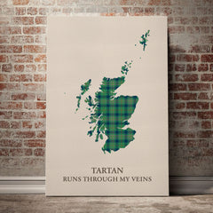Kennedy Ancient Tartan Scotland Map Canvas – “Tartan Runs Through My Veins” Wall Art
