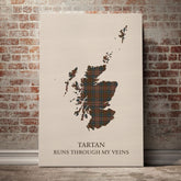Kennedy Weathered Tartan Scotland Map Canvas – “Tartan Runs Through My Veins” Wall Art