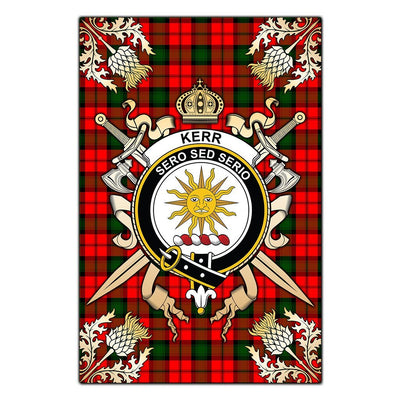 Clan Kerr Modern Tartan Crest Black Garden Flag - Gold Thistle