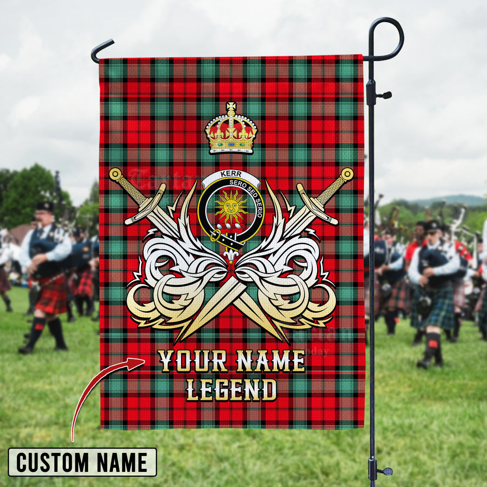 Personalized Custom Name Clan Kerr Ancient Tartan Garden Flag with Clan Crest and the Golden Sword of Courageous Legacy FR47 - Kerr Ancient Tartan Design, Scottish Heritage Gift