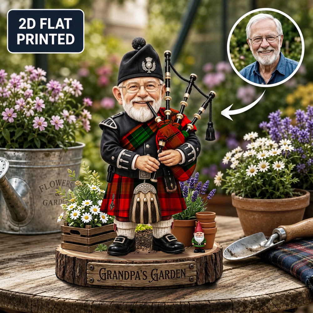 Personalized Kerr Modern Clan Bagpipe Garden Gnome Caricature Plaque Custom Photo, Any Clan Tartan, Wood or Acrylic, Grandpa & Dad Gift, Scottish Highland Garden Decor XP73