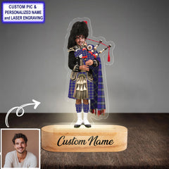 Custom Bagpipe Kinnaird Tartan LED Night Light - Personalized Scottish Bagpiper Figurine with Wooden Stand