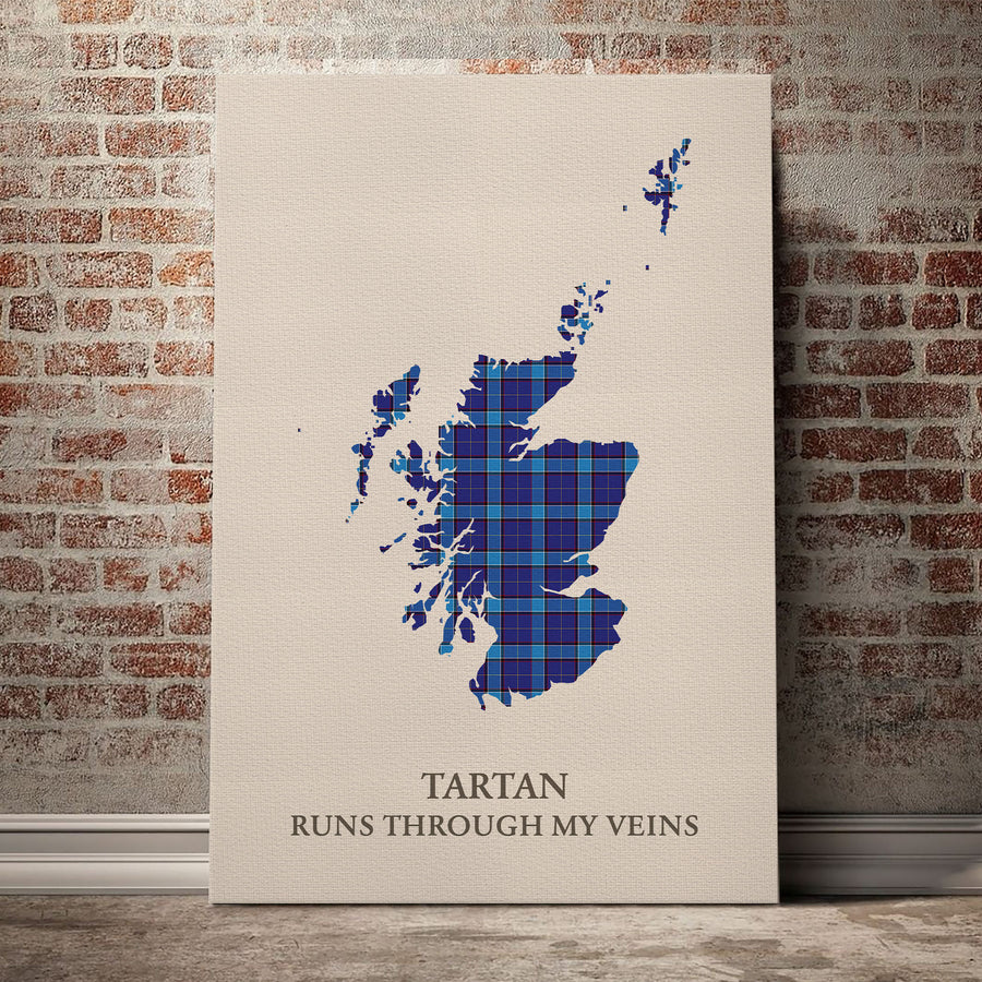 Kirkcaldy Tartan Scotland Map Canvas – “Tartan Runs Through My Veins” Wall Art