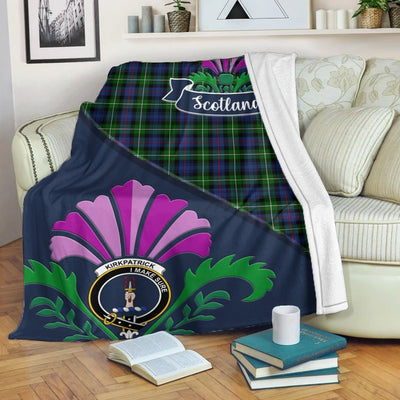 Clan Kirkpatrick Tartan Crest Premium Blanket Thistle Style