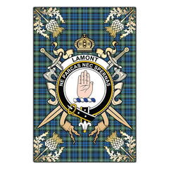 Clan Lamont Ancient Tartan Crest Black Garden Flag - Gold Thistle QF33 Clan Lamont Tartan Today