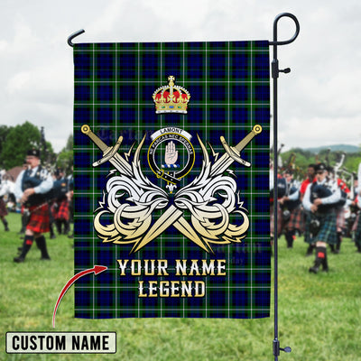 Custom Name Clan Lamont Modern Tartan Garden Flag with Clan Crest and the Golden Sword of Courageous Legacy