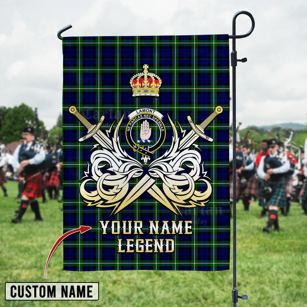 Personalized Custom Name Clan Lamont Modern Tartan Garden Flag with Clan Crest and the Golden Sword of Courageous Legacy PU38 - Lamont Modern Tartan Design, Scottish Heritage Gift