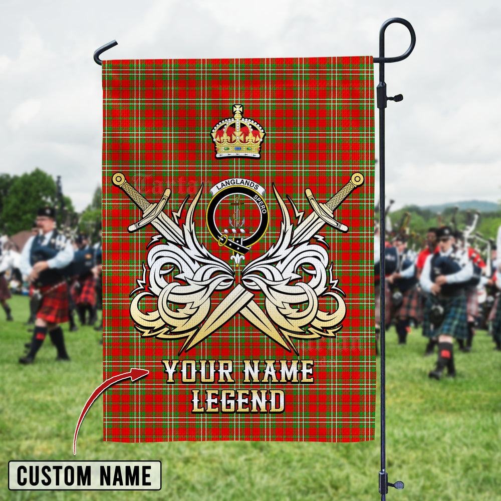 Personalized Custom Name Clan Langlands Tartan Garden Flag with Clan Crest and the Golden Sword of Courageous Legacy JW33 - Langlands Tartan Design, Scottish Heritage Gift