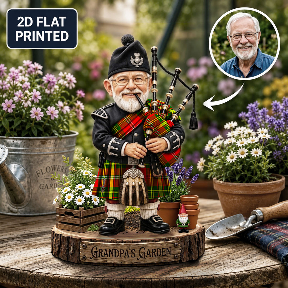 Personalized Leask Clan Bagpipe Garden Gnome Caricature Plaque Custom Photo, Any Clan Tartan, Wood or Acrylic, Grandpa & Dad Gift, Scottish Highland Garden Decor VT25