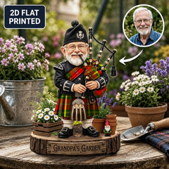 Personalized Leask Clan Bagpipe Garden Gnome Caricature Plaque Custom Photo, Any Clan Tartan, Wood or Acrylic, Grandpa & Dad Gift, Scottish Highland Garden Decor VT25