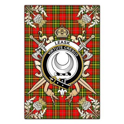 Clan Leask Tartan Crest Black Garden Flag - Gold Thistle