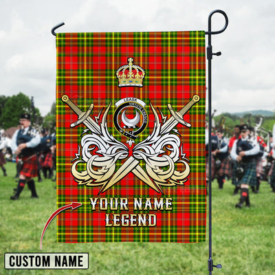 Custom Name Clan Leask Tartan Garden Flag with Clan Crest and the Golden Sword of Courageous Legacy