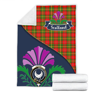 Clan Leask Tartan Crest Premium Blanket Thistle Style