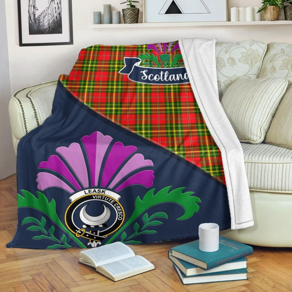 Clan Leask Tartan Crest Premium Blanket Thistle Style WS24 Clan Leask Tartan Today