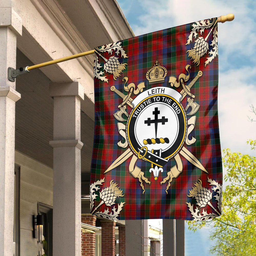 Clan Leith Tartan Crest Black Garden Flag - Gold Thistle XX60 Clan Garden Tartan Today