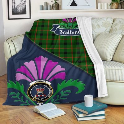 Clan Lennox (Lennox Kincaid) Tartan Crest Premium Blanket Thistle Style