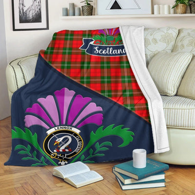 Clan Lennox Tartan Crest Premium Blanket Thistle Style