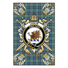 Clan Leslie Hunting Ancient Tartan Crest Black Garden Flag - Gold Thistle KG35 Clan Leslie Tartan Today