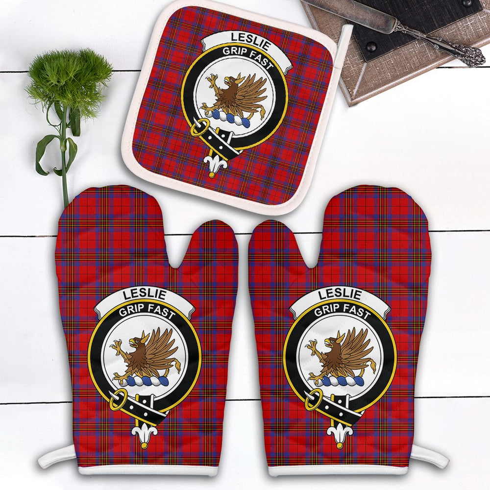 Clan Leslie Modern Tartan Crest Oven Mitt And Pot Holder (2 Oven Mitts + 1 Pot Holder) WV68 Clan Leslie Tartan Today