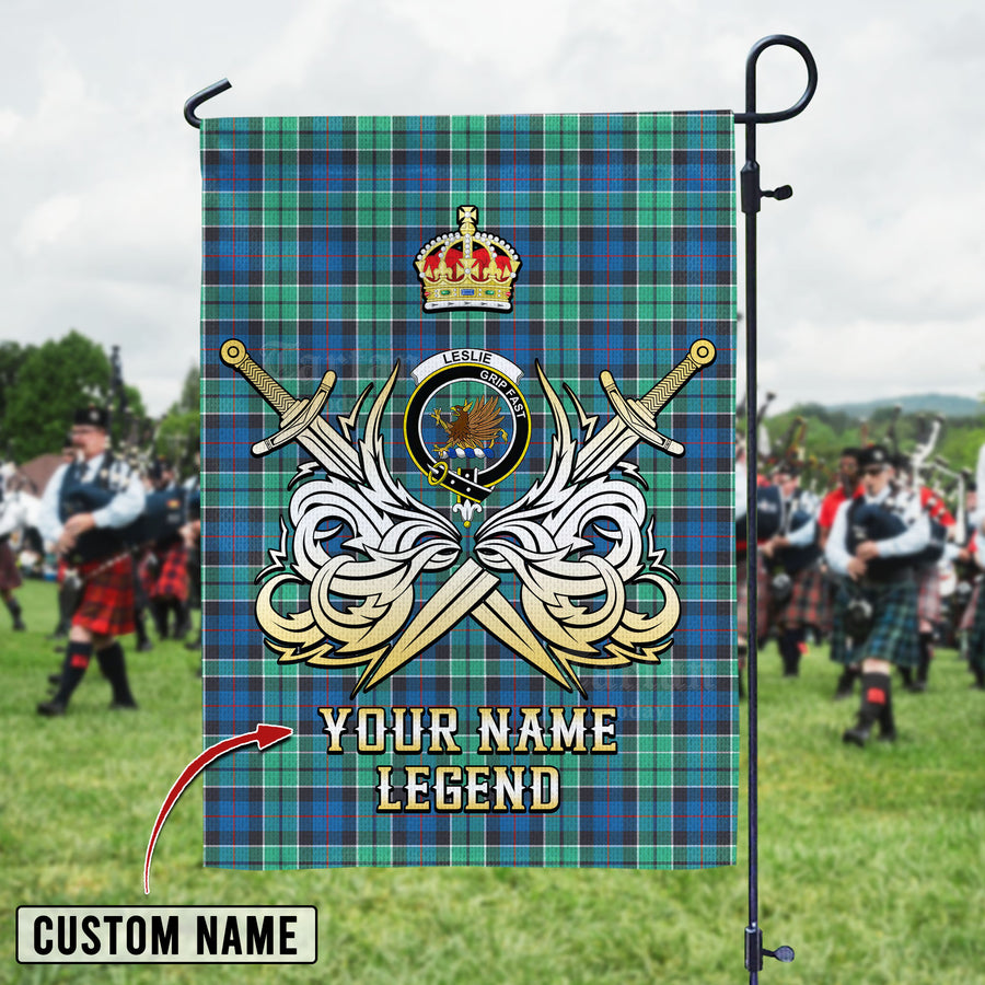 Personalized Custom Name Clan Leslie Hunting Ancient Tartan Garden Flag with Clan Crest and the Golden Sword of Courageous Legacy TP94 - Leslie Hunting Ancient Tartan Design, Scottish Heritage Gift