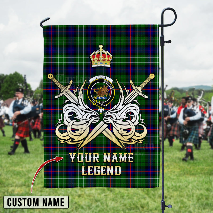 Personalized Custom Name Clan Leslie Hunting Tartan Garden Flag with Clan Crest and the Golden Sword of Courageous Legacy CM17 - Leslie Hunting Tartan Design, Scottish Heritage Gift
