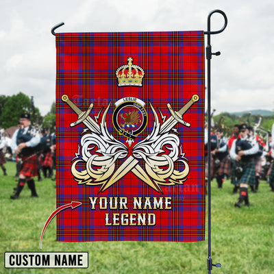 Custom Name Clan Leslie Modern Tartan Garden Flag with Clan Crest and the Golden Sword of Courageous Legacy