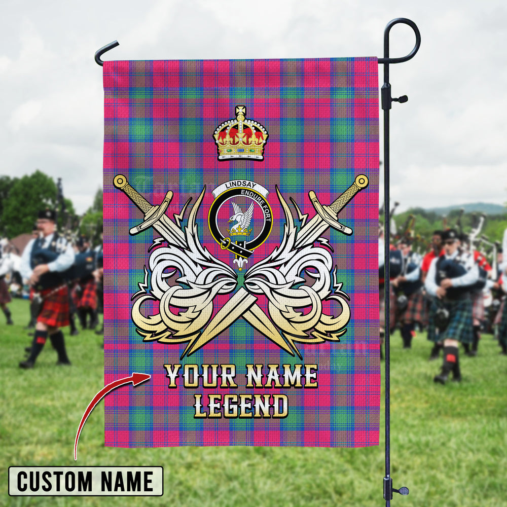 Personalized Custom Name Clan Lindsay Ancient Tartan Garden Flag with Clan Crest and the Golden Sword of Courageous Legacy YZ73 - Lindsay Ancient Tartan Design, Scottish Heritage Gift