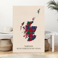 Clan Lindsay Modern Tartan Scotland Map Canvas “Tartan Runs Through My Veins” Wall Art DD60
