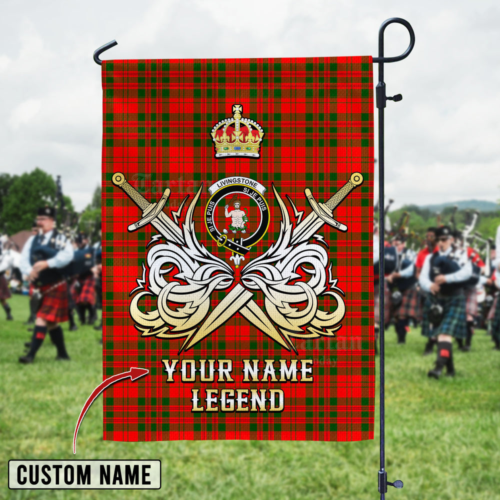Personalized Custom Name Clan Livingstone Modern Tartan Garden Flag with Clan Crest and the Golden Sword of Courageous Legacy RM65 - Livingstone Modern Tartan Design, Scottish Heritage Gift