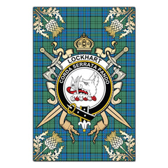 Clan Lockhart Tartan Crest Black Garden Flag - Gold Thistle HY54 Clan Lockhart Tartan Today