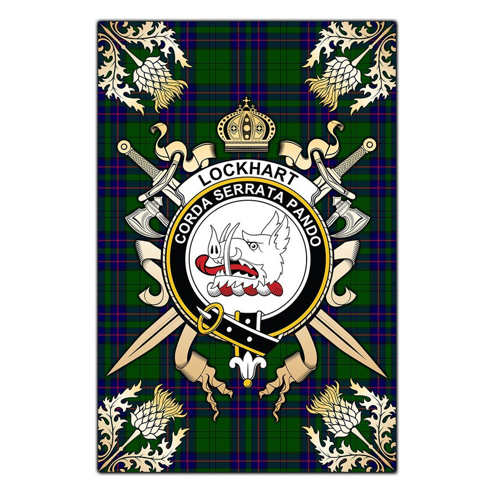 Clan Lockhart Modern Tartan Crest Black Garden Flag - Gold Thistle BH89 Clan Lockhart Tartan Today