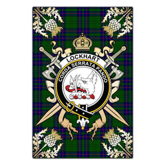 Clan Lockhart Modern Tartan Crest Black Garden Flag - Gold Thistle BH89 Clan Lockhart Tartan Today