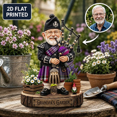 Personalized Lockwood Clan Bagpipe Garden Gnome Caricature Plaque Custom Photo, Any Clan Tartan, Wood or Acrylic, Grandpa & Dad Gift, Scottish Highland Garden Decor AO86