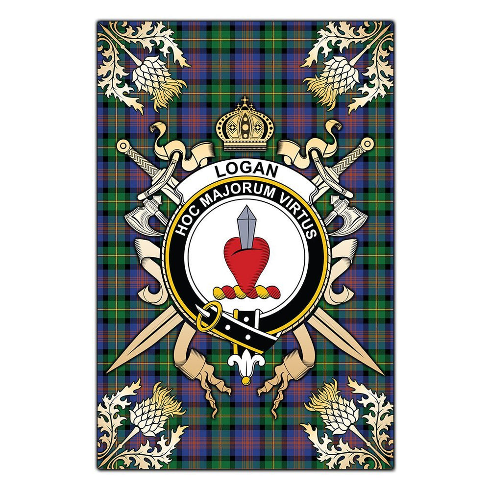 Clan Logan Ancient Tartan Crest Black Garden Flag - Gold Thistle EP98 Clan Logan Tartan Today