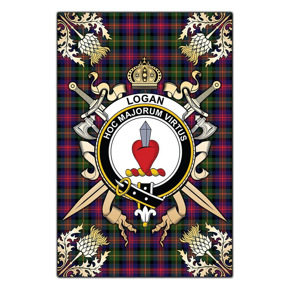 Clan Logan Modern Tartan Crest Black Garden Flag - Gold Thistle LW77 Clan Logan Tartan Today