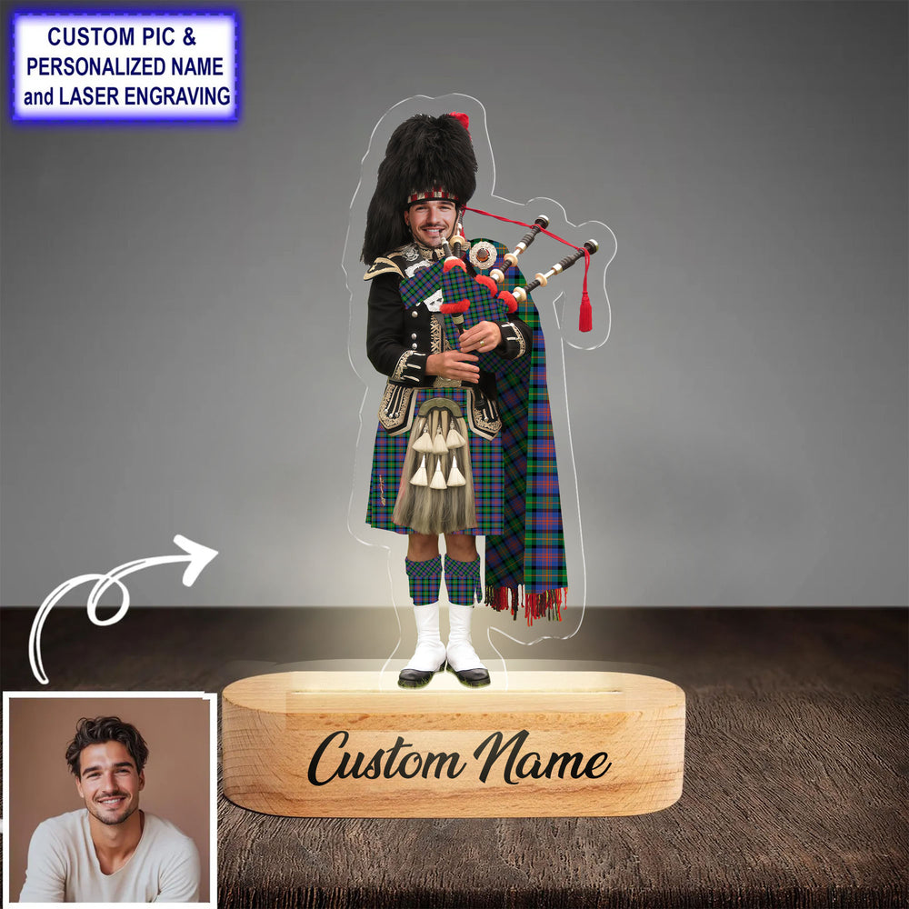 Custom Bagpipe Logan Ancient Tartan LED Night Light - Personalized Scottish Bagpiper Figurine with Wooden Stand