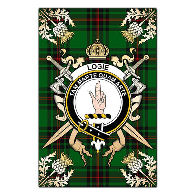 Clan Logie Tartan Crest Black Garden Flag - Gold Thistle