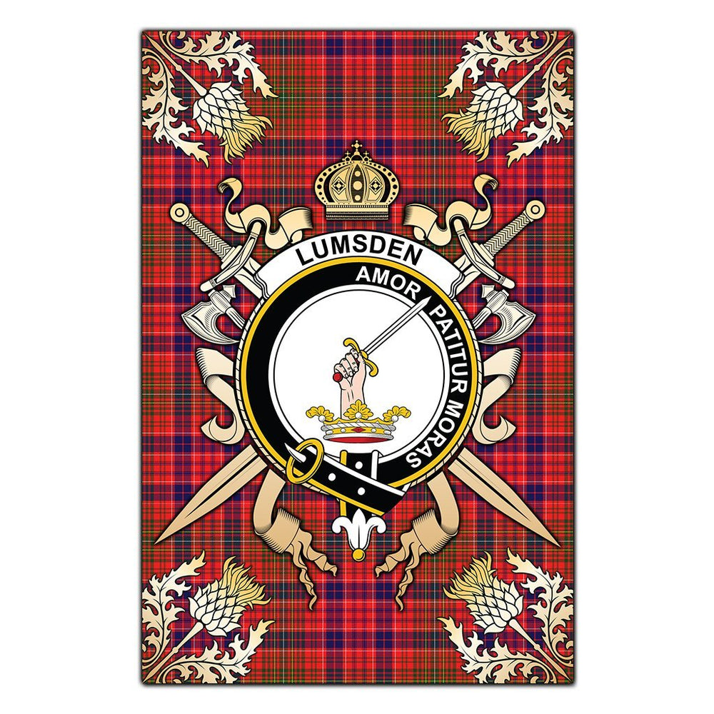 Clan Lumsden Modern Tartan Crest Black Garden Flag - Gold Thistle EI18 Clan Lumsden Tartan Today