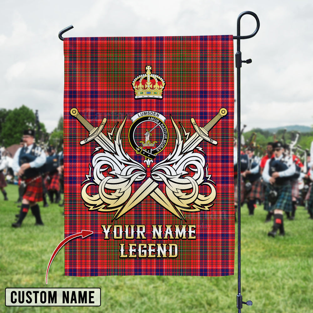 Personalized Custom Name Clan Lumsden Modern Tartan Garden Flag with Clan Crest and the Golden Sword of Courageous Legacy EJ22 - Lumsden Modern Tartan Design, Scottish Heritage Gift