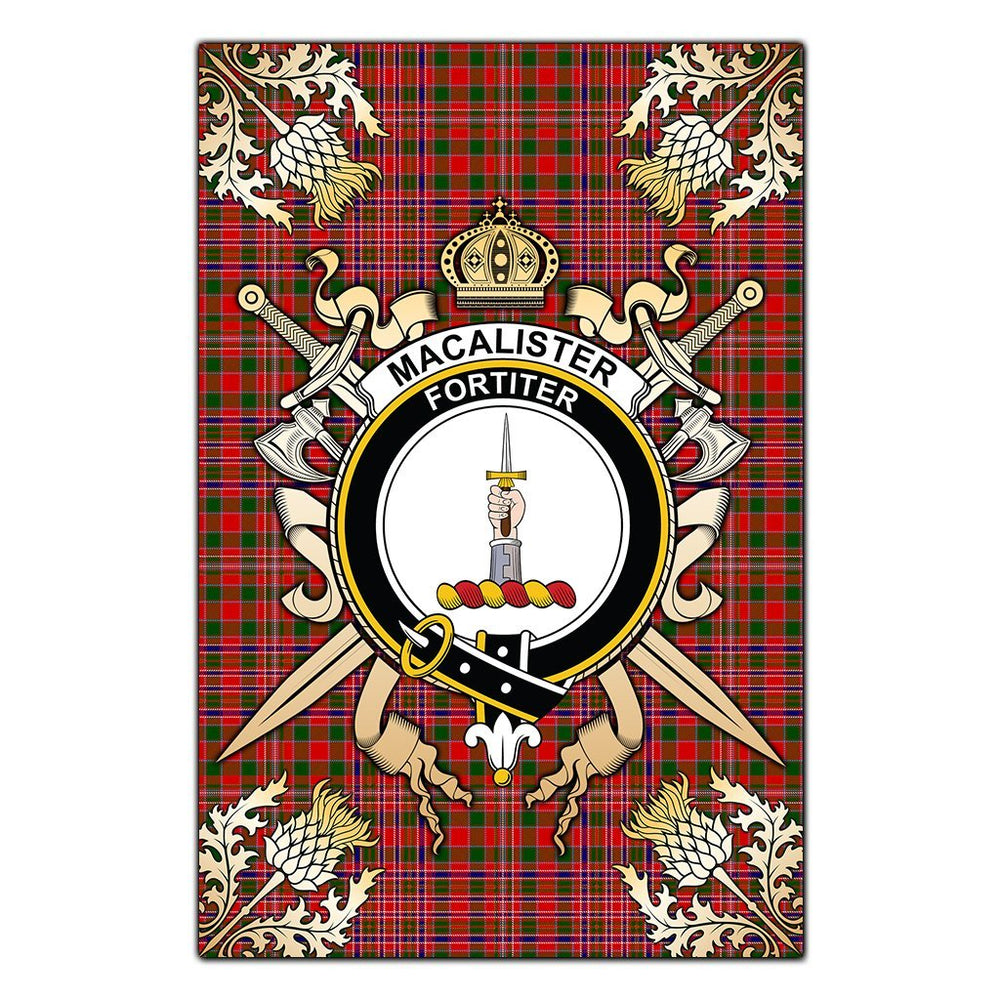 Clan MacAlister Modern Tartan Crest Black Garden Flag - Gold Thistle UY92 Clan MacAlister Tartan Today