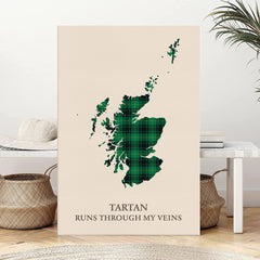 Clan MacArthur Ancient Tartan Scotland Map Canvas “Tartan Runs Through My Veins” Wall Art QV25