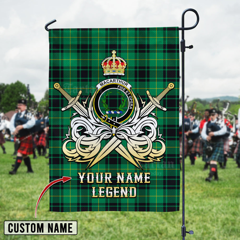 Personalized Custom Name Clan MacArthur Ancient Tartan Garden Flag with Clan Crest and the Golden Sword of Courageous Legacy FX13 - MacArthur Ancient Tartan Design, Scottish Heritage Gift