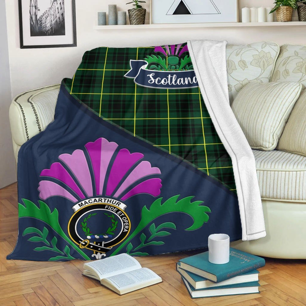 Clan MacArthur Tartan Crest Premium Blanket Thistle Style LC14 Clan MacArthur Tartan Today