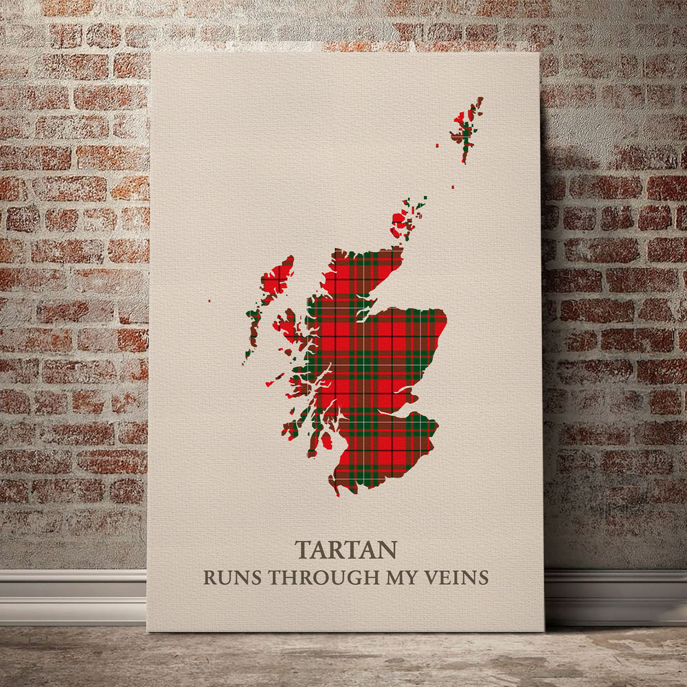 MacAulay Modern Tartan Scotland Map Canvas – “Tartan Runs Through My Veins” Wall Art