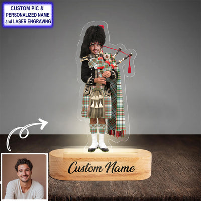 Custom Bagpipe MacBean Dress Ancient Tartan LED Night Light - Personalized Scottish Bagpiper Figurine with Wooden Stand