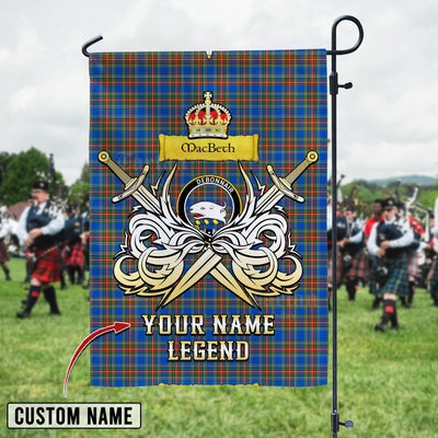 Custom Name Clan MacBeth Ancient Tartan Garden Flag with Clan Crest and the Golden Sword of Courageous Legacy