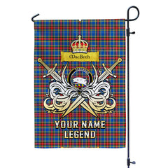 Custom Name Clan MacBeth Modern Tartan Garden Flag with Clan Crest and the Golden Sword of Courageous Legacy YG33